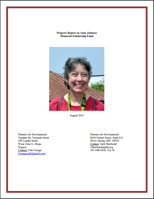 Progress Report on Anne Johnson Memorial Scholarship Fund - August 2015